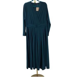 BLOOMCHIC 14-16 1X Plus Teal Green V Neck Long Sleeve Midi Dress NWT B119